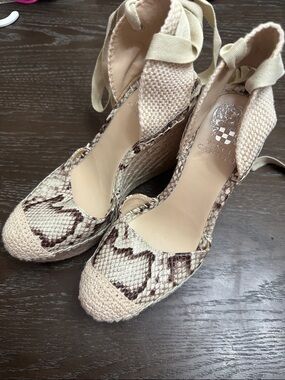 Vince Camuto Beige and Brown Snake-Print Espadrille Wedges